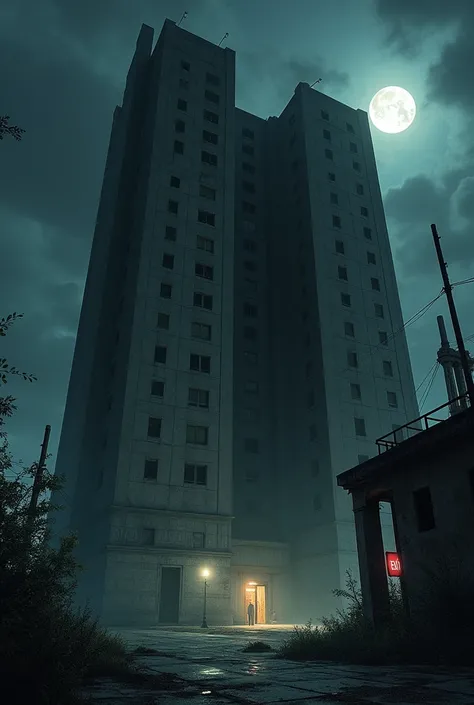 Make a building with offices inside that is HUGE and looks abandoned, at night