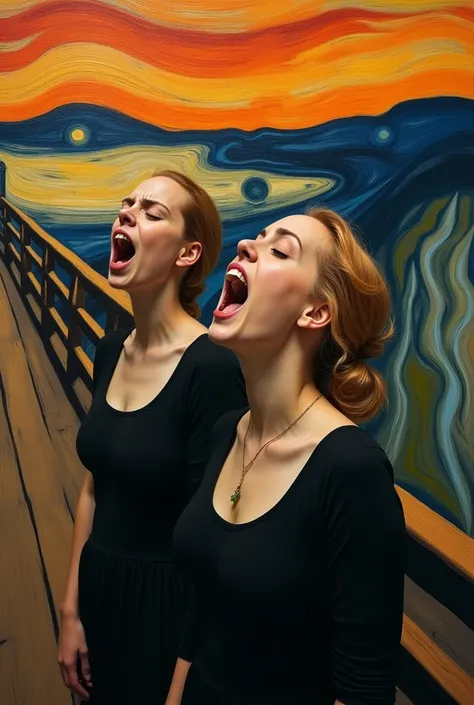 Make an image manipulation, in the painting the scream put the singer Adele next to the scream, só modifique um pouco e put her screaming com a mão no rosto igualmente na pintura, don&#39;t put two of them just one, and make her look more like Adele, put h...