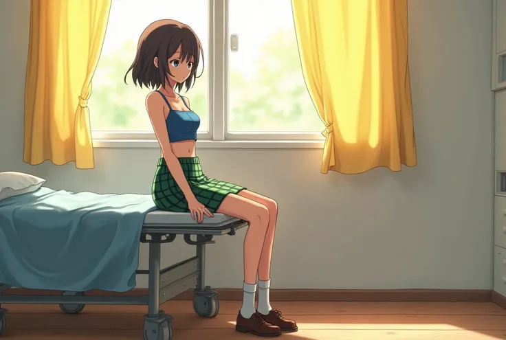 An anime style woman, 1, HD image, Soft lighting, sitting on a stretcher with a yellow curtain, Nursing, white school, wooden floor, in the afternoon, (medium long shot), mide 169 cm, its measures: B 65, At 35, H 70, short dark brown hair, Indigo blue eyes...