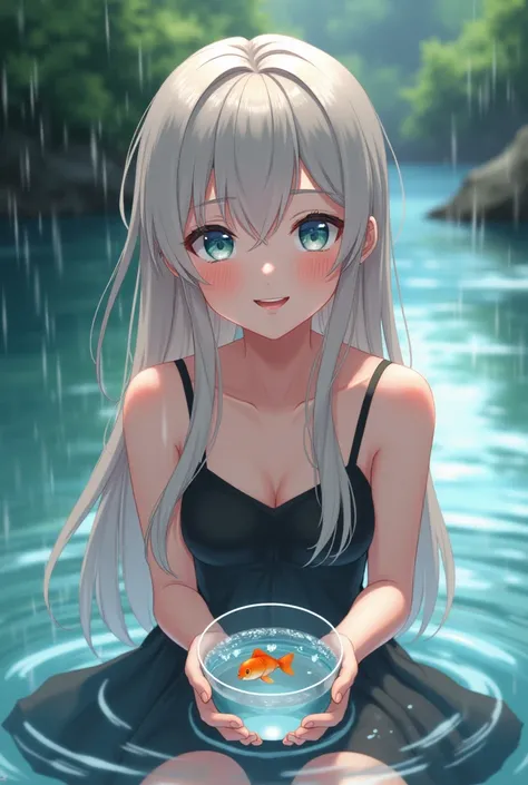 Young 1 woman with innocent look and genuine smile showing teeth, she is happy, ash blonde hair, White hair, Very long, whitish blonde hair that falls over her shoulders, She is sitting in a river, The water is crystal clear and covers you from your waist ...