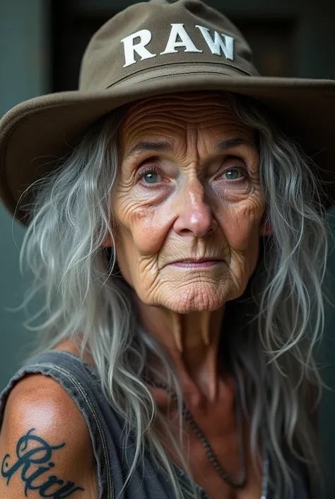 Old lady in a hat with the inscription RAW, with very long grey hair on a hat and a tattoo with the word RAW.