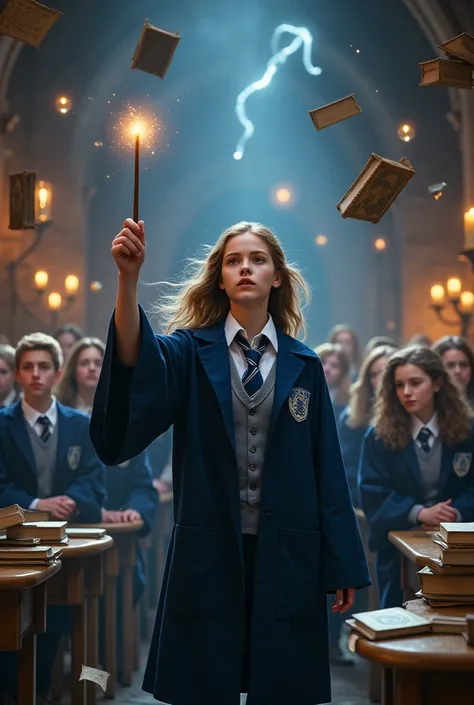 Create an image of a young witch in her Hogwarts uniform, standing confidently in the middle of the Charms classroom. She’s a Ravenclaw, her blue-and-silver tie neatly tucked into her robes. With her wand raised, she’s mid-spell, levitating several objects...