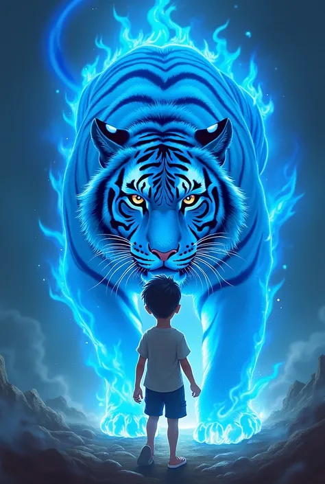 Anim  and blue fire tiger in background and write sudhir in background and  young boy