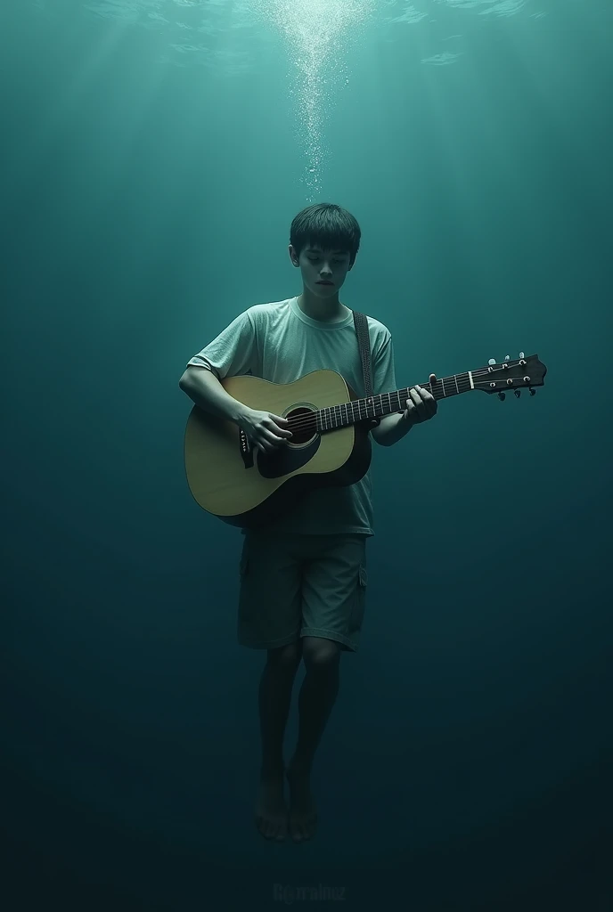 a sad young man that is going down in the ocean with his guitar and he is dead and he is wearing 