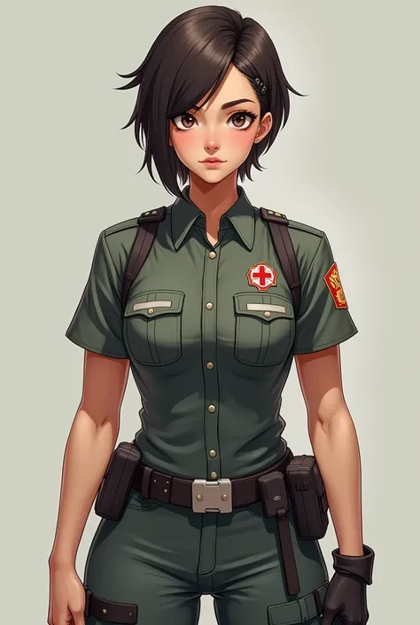 Create an image of a military nurse from the fire department, the photo must be full body, the nurse has a toned body and her hair is short and feminine mullet style