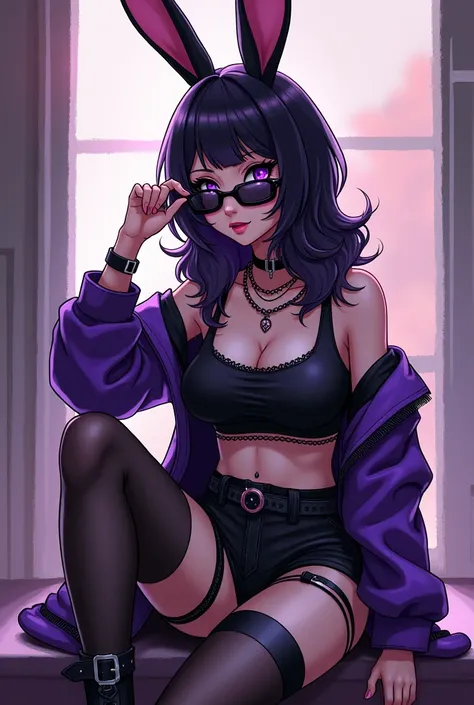 Woman, rabbit hybrid, one eye black and the other black, purple and black punk style outfit, Ankle Bracelet, anime art style and painting, sitting pose adjusting sunglasses with left hand, adjusting the pantyhose with the right hand