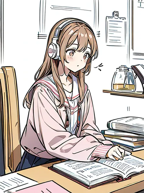 a cute girl in a pink outfit, her light brown wavy hair studying for her college thesis while listening to music with headphones