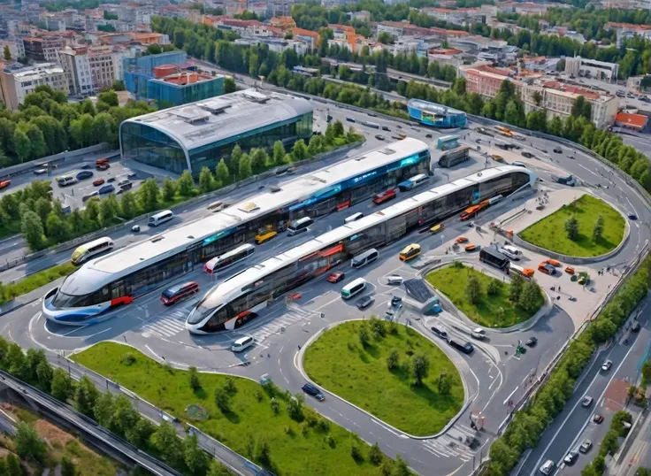 A compact transport station where buses stop, the underground and aerial metro, Futuristic and robust design, aerial view, ultra detailed, HD,4k,8k, Realistic lighting