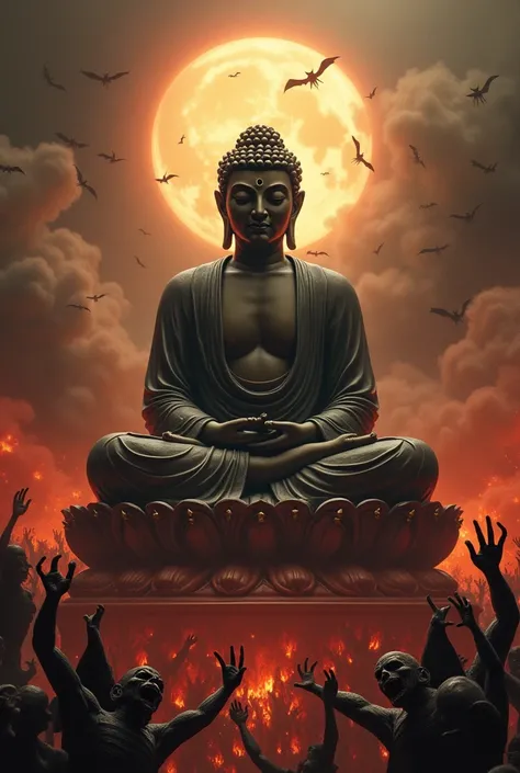 in realistic style. An evil Buddha meditating in hell haunted by demons devouring lost souls. With a lot of fire but highlighting the evil face of the Buddha.