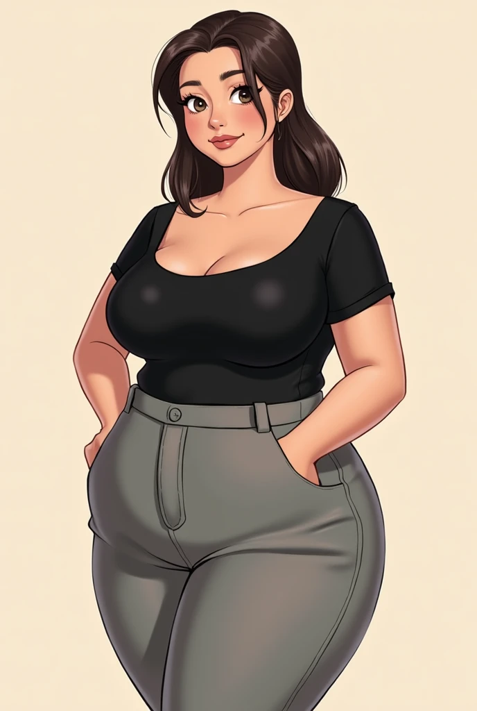 Create natural big mommy material manga art, soft body, in black tight top and grey big pants, she in curvy body 