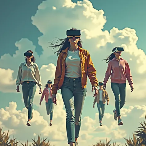   Thriller movie poster, The cover of a movie poster. Una joven de cuerpo entero with virtual reality glasses walking in the air. Behind her, more people of different sexes, with virtual reality glasses walking in the air. in background, a big sky.