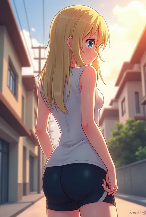 Anime girl stands with her back and hand masturbates to a guy who cums on her bike shorts