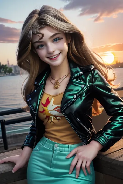 (Masterpiece, The best quality:1.2), only, 1girl , beautiful teenage girl europea , Caucasian , mlpshimmer, Nice smile , make-up  , looking at the viewer, small black jacket , sunset shimmer , mlp , 18 years , beautiful teenage girl , teen model , turquois...