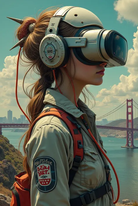 Vintage style avatar of a teenage female wearing a high-tech VR headset, situated in an otherworldly San Francisco backdrop, posing elements of HR Giger and Beksinskis intricate mind-bending forms and Artgerms signature flair, trending on both CGSociety an...