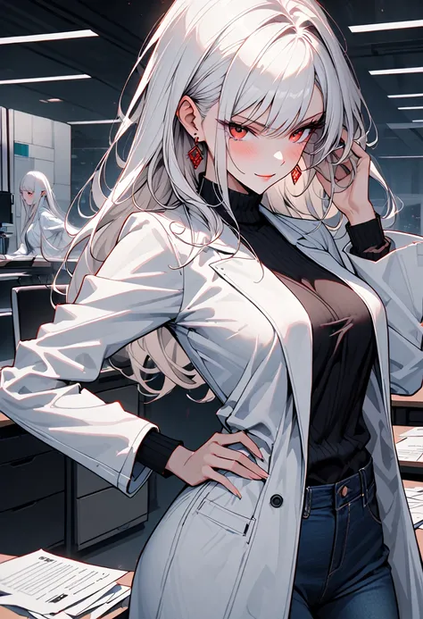 solo, female, red eyes, silky long white hair, tall, curvaceous figure, elegant, casual clothes, futuristic, white lab coat, calm smile, hand on hip, slightly serious, earrings, black turtleneck, lab, jeans, close up, office, papers on desk, adjusting hair...