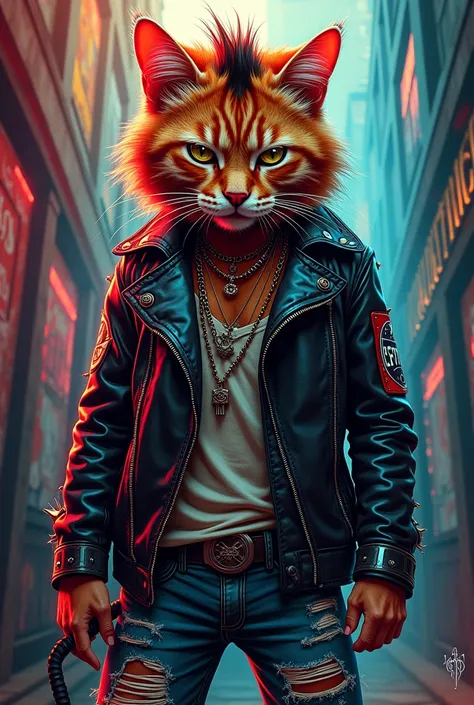 A  shirt with a rock and roll style representated by a Rocker cat