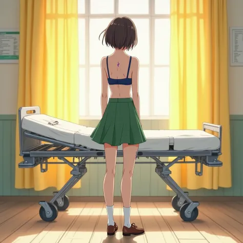 An anime style woman, 1, HD image, Bing style, Soft lighting, standing in front of a stretcher, infirmary surrounded by a yellow curtain, white school, wooden floor, in the afternoon, mide 169 cm, its measures: B 65, At 35, H 70, short dark brown hair, It ...