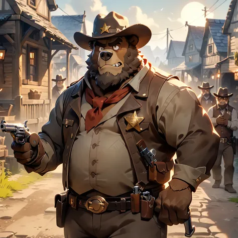 Dynamic angle, dynamic pose, sheriff, plump middle-aged british western bear man, sheriffs hat, pistol, revolver holster, gun duel, brown eyes, beautiful beard, male face, big face, square jawline, male eyes, sharp eyes, big eyes, male eyebrows, innocent l...