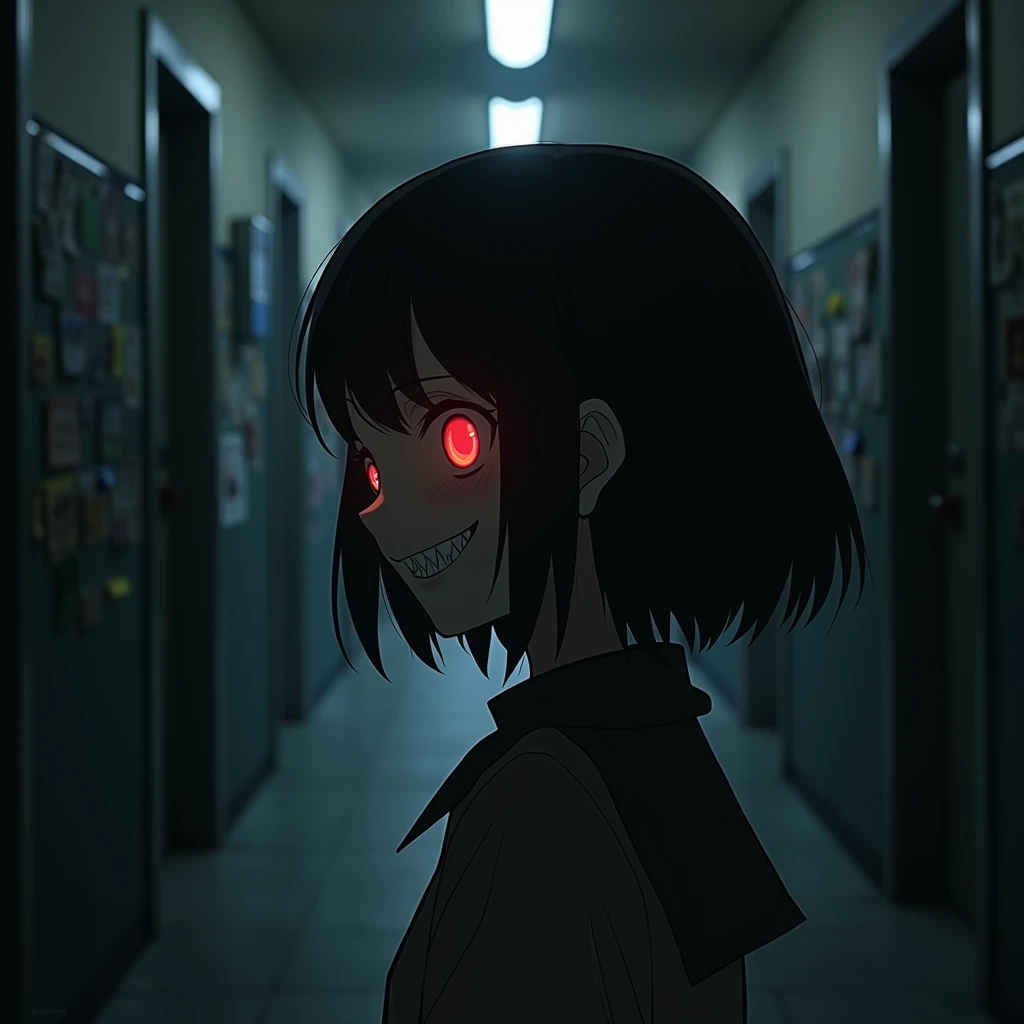 side view, Creepy atmosphere, at school there is a red eyed girl grinning evil anime expression