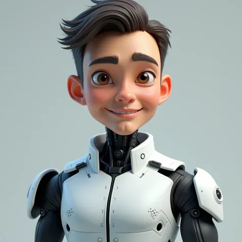 "Create a smiling, professional-looking male humanoid character that conveys confidence and credibility. The character must have a robotic design, but the body should look more like a human than a machine. The character&#39;s face should have a professiona...