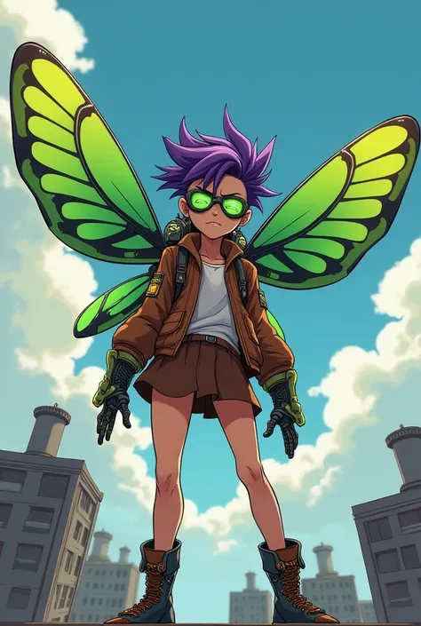 in a dramatic comic book style, richly detailed, illustrate A teen girl poses for the camera. She wears a brown flight jacket and brown skirt. Green goggles cover her eyes. Large mechanical insect wings are strapped to her back enabling her to fly. Glowing...