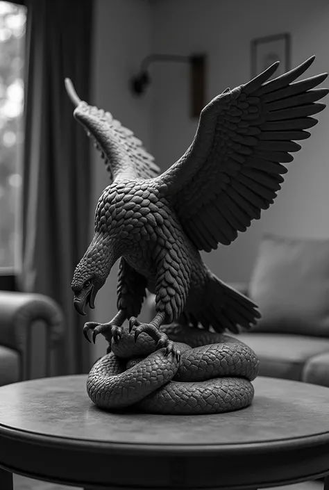 You can generate a drawing that shows only a stuffed Mexican golden eagle attacking a snake in its mouth, which is similar to the Mexican flag logo in the form of a small statue that is on top of a table in the living room. ,all in black and white