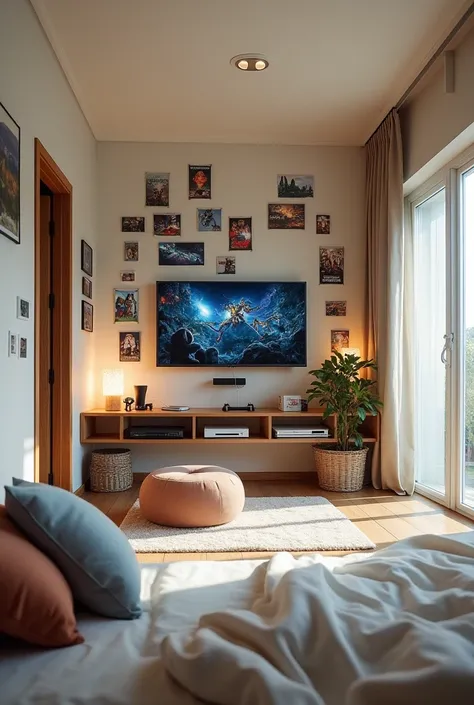 (Your room is compact, but welcoming, with light colored walls and some game and movie posters scattered around the walls. theres a wall-mounted TV, with a video game console connected to it. A small pouf and a large cushion are positioned in front of the ...