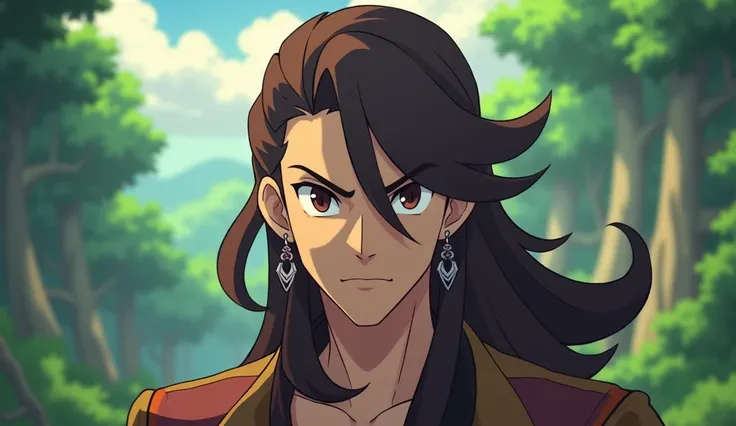 Create a male pokemon trainer character with a long brunette hair tone and earrings eyes