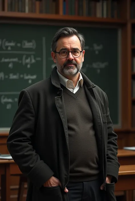 Make an image of an adult man working as a philosophy teacher who has round glasses and black hair and no beard on his face.