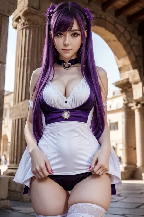  アニメ, purple hair, long hair, pretty clothing, guvéz style, Clareza 4K, pop station, ancient architecture, seductive girl, appealing, Genshin Keru, estilo アニメ, 8k, linda mulher de アニメ, Front of .