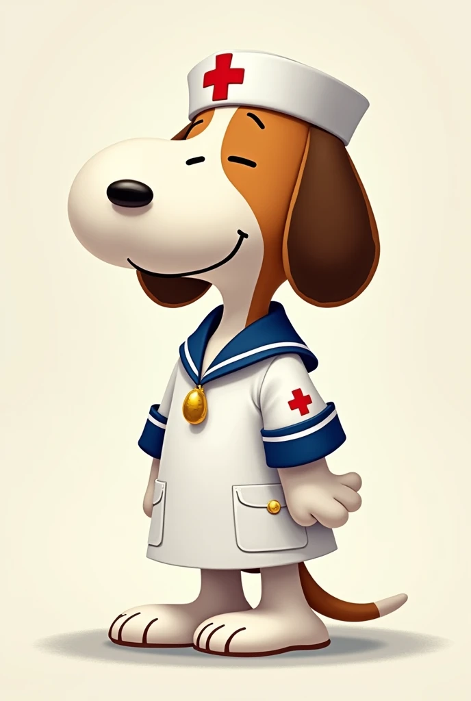 Imagine a Snoopy dressed as a sailor but at the same time being a nurse, that is, a military nurse from the Navy, 2D drawing without a hat