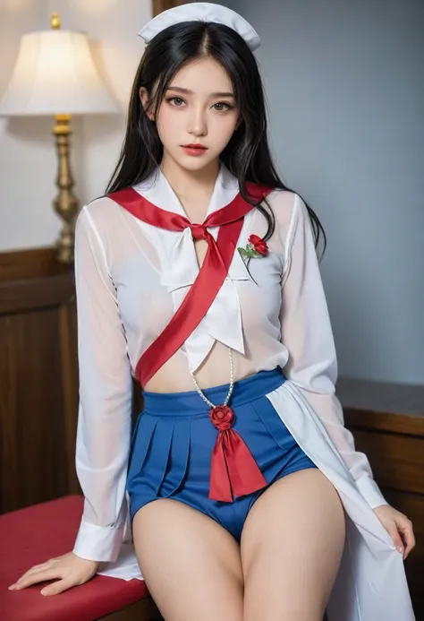 ((masterpiece,high resolution,best quality,8K))
(Tears of satin)(1 female,Black long hair,Small Breasts,Slim,Flower hairpins)
(White sailor suit,Red tie,Blue Skirt)Spread your legs,Aheiyan,Supine,upside down,wet