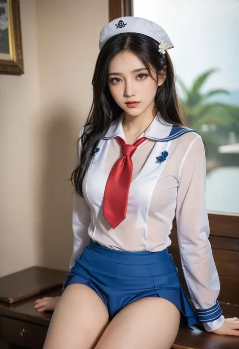 ((masterpiece,high resolution,best quality,8K))
(Tears of satin)(1 female,Black long hair,Small Breasts,Slim,Flower hairpins)
(White sailor suit,Red tie,Blue Skirt)Spread your legs,Aheiyan,Supine,upside down,wet