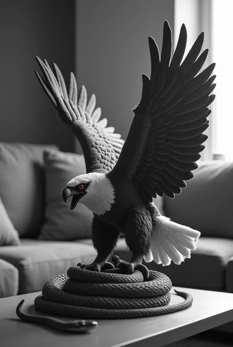 You can generate a drawing that shows only a stuffed Mexican golden eagle attacking a rattlesnake, which is similar to the Mexican flag logo in the form of a small statue that is on top of a table in the living room. ,all in black and white