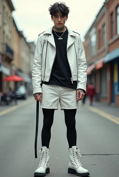 Teenager man in black pantyhose, shorts blancos, White boots, black t-shirt and white leather jacket