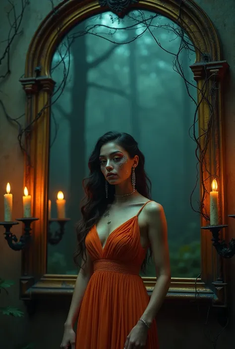 An Award-Winning Masterpiece (photorealistic), photograph, vogue, The Enchanted Mirror
Setting: The model stands in front of a large, antique mirror framed with dark, twisted vines. The mirror reflects a surreal, alternate reality where the forest is bathe...