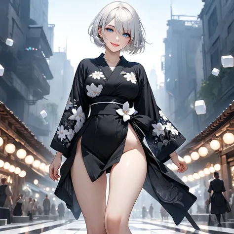 a woman wearing a black kimono, kimono with white flower designs, black skirt, exposed thigh, large breasts,, white hair, short ...