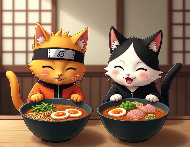 chaton roux deguisser en naruto et chaton blanc oreille noir criniere noir mange chacun des chats mange un ramen sur une table angle de vu de dos gros plan ,dans un restaurant japonais traditionelle  image reel