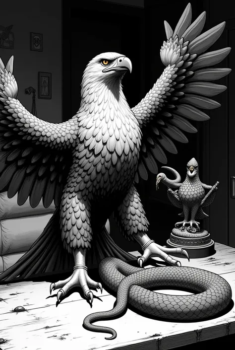 You can create a dark comic-type drawing that shows only a stuffed Mexican golden eagle attacking a rattlesnake, which is similar to the Mexican flag logo in the form of a small statue that is on top of a table in the living room. ,all in black and white