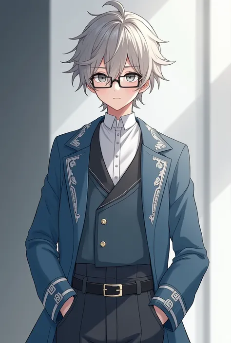 a short boy, about 160 cm, with messy silver blonde hair, with loose locks falling over her forehead. his eyes, one light grey and one black due to his heterochromia, They are partially covered by dark glasses that he wears due to his color blindness..

He...