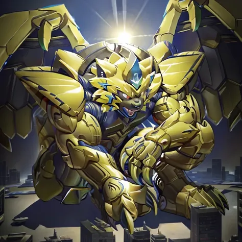 (zeraora, 8k), (zeraora's giant robot, powered exoskeleton with the same design as zeraora), (masterpiece, highres) (detailed he...