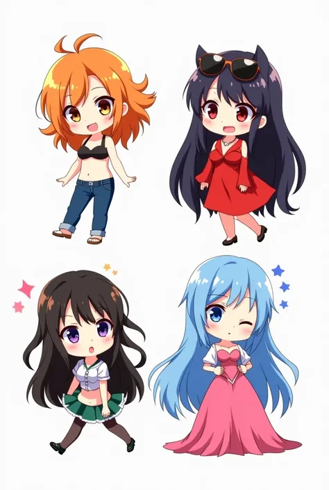 Generate me 4 girls in chibi versions, that I am Nico Robin brunette/ live blue hair/Nami capelli arancioni e boa Hancock capelli scuri lunghi 
1 le ragazze devono essere solo quattro e le metti divise in due file, that is, two above two below, on the top ...