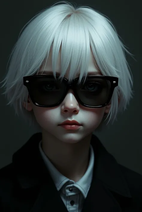 Create a boy with white hair for his shoulder in black square sunglasses and with ugly smile in dark style