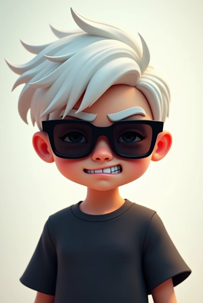 Create a boy with white hair for his shoulder in black square sunglasses and with ugly smile in roblox style 