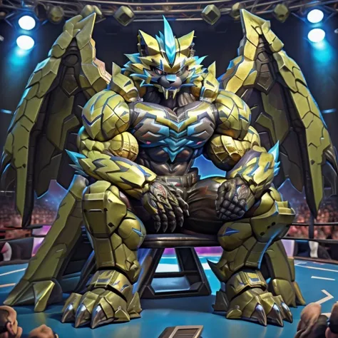 (zeraora, 8K), (zeraoras giant robot, Powered exoskeleton with the same design as zeraora), (Masterpiece, highres) (Detailed head, Detailed Body, Detailed abs, full body) (gigantic muscles, Gigachad Muscular, big muscle, pecs, triceps, traps, unusually dev...