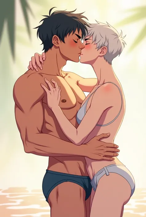 Man in swimsuit with muscles giving a tongue kiss to another thin man, short and white-skinned in anime