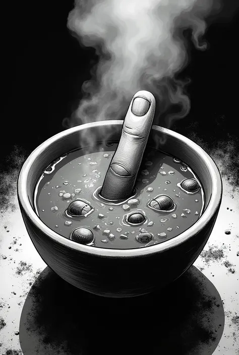 A Mexican pozole with a woman&#39;s finger inside the pozole ,in black and white dark comic style ,seen from above
