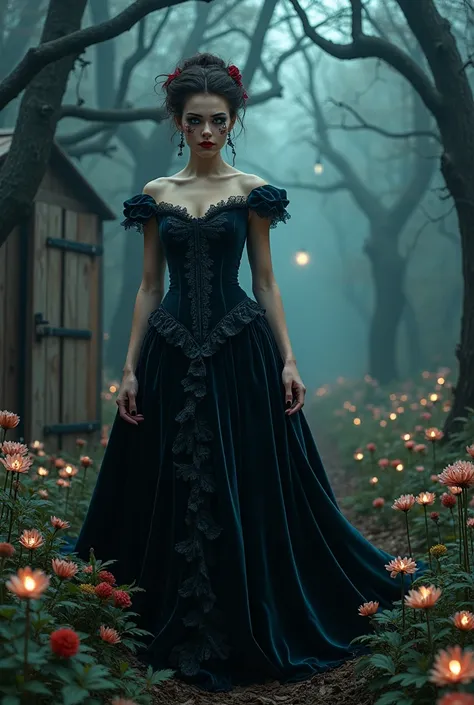 An Award-Winning Masterpiece (photorealistic), photograph, vogue,  The Phantom Forest
Setting: The model walks through a dark, misty forest where the trees have faces and the ground is covered in glowing, surreal flowers. The rustic barn door stands in the...