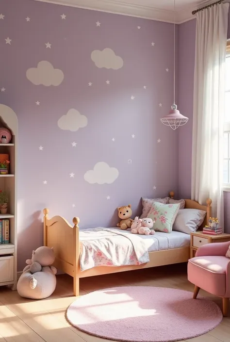 Luna&#39;s room is a space that perfectly reflects the joy and curiosity of a four-year-old. As you step inside, the first thing you notice is the delicate wallpaper, with a soft shade of lilac and small designs of stars and clouds. Her bed is a small ligh...