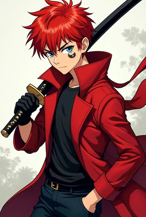 In cómic style draw a blue-eyed red-haired boy who wears a red and black trench coat, has a black katana and a half-moon tattoo on his right eye. Full body